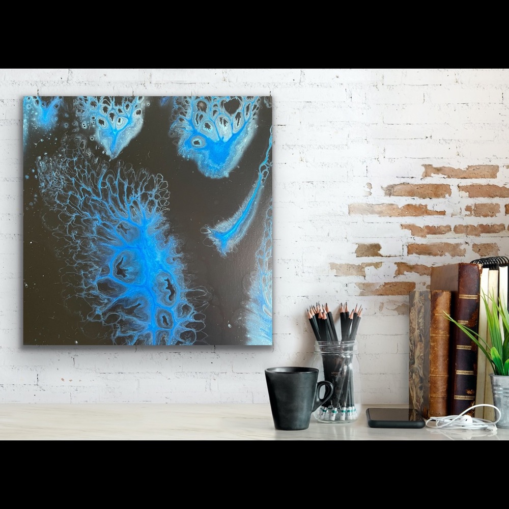 Painting - Fluid Art Original On 14x14 Canvas - Black & Blue